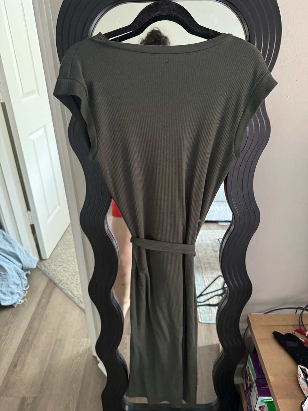 Alya Olive Green Ribbed Midi Dress with Self-Tie Belt